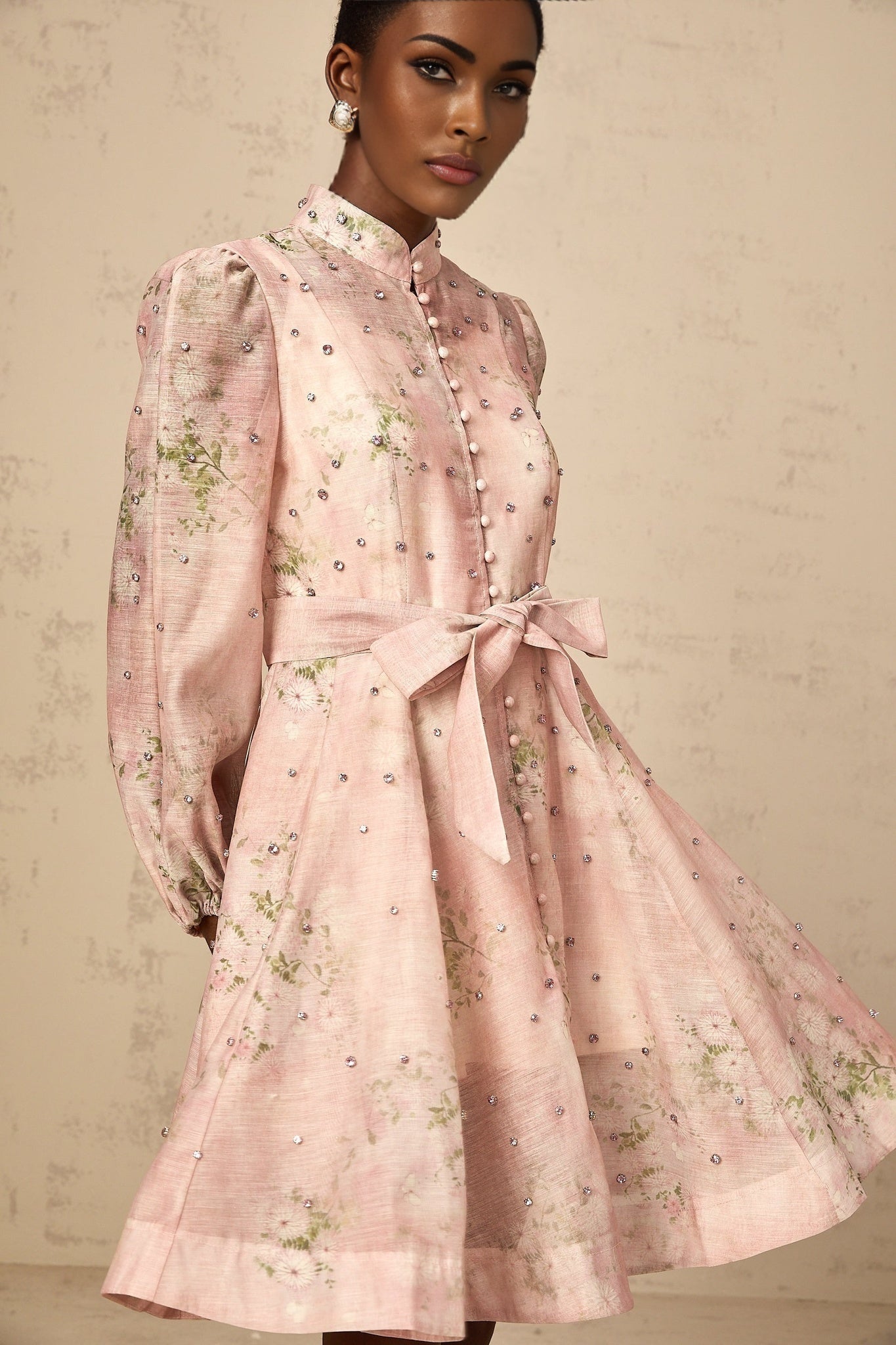 Narcisse pink embellished floralprint mini dress