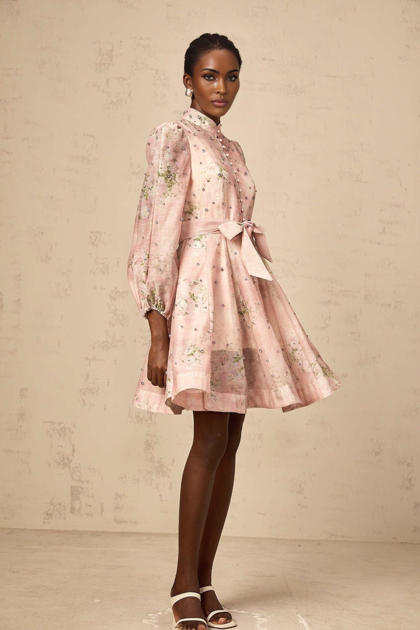 Narcisse pink embellished floralprint mini dress