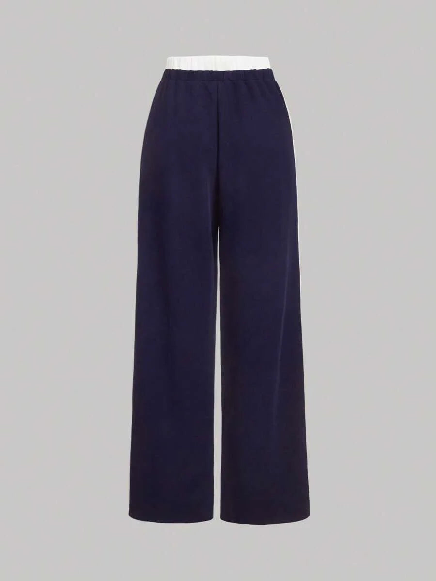 Navy Blue Casual Versatile Contrast Trim Wide Leg Sports Pants For Women