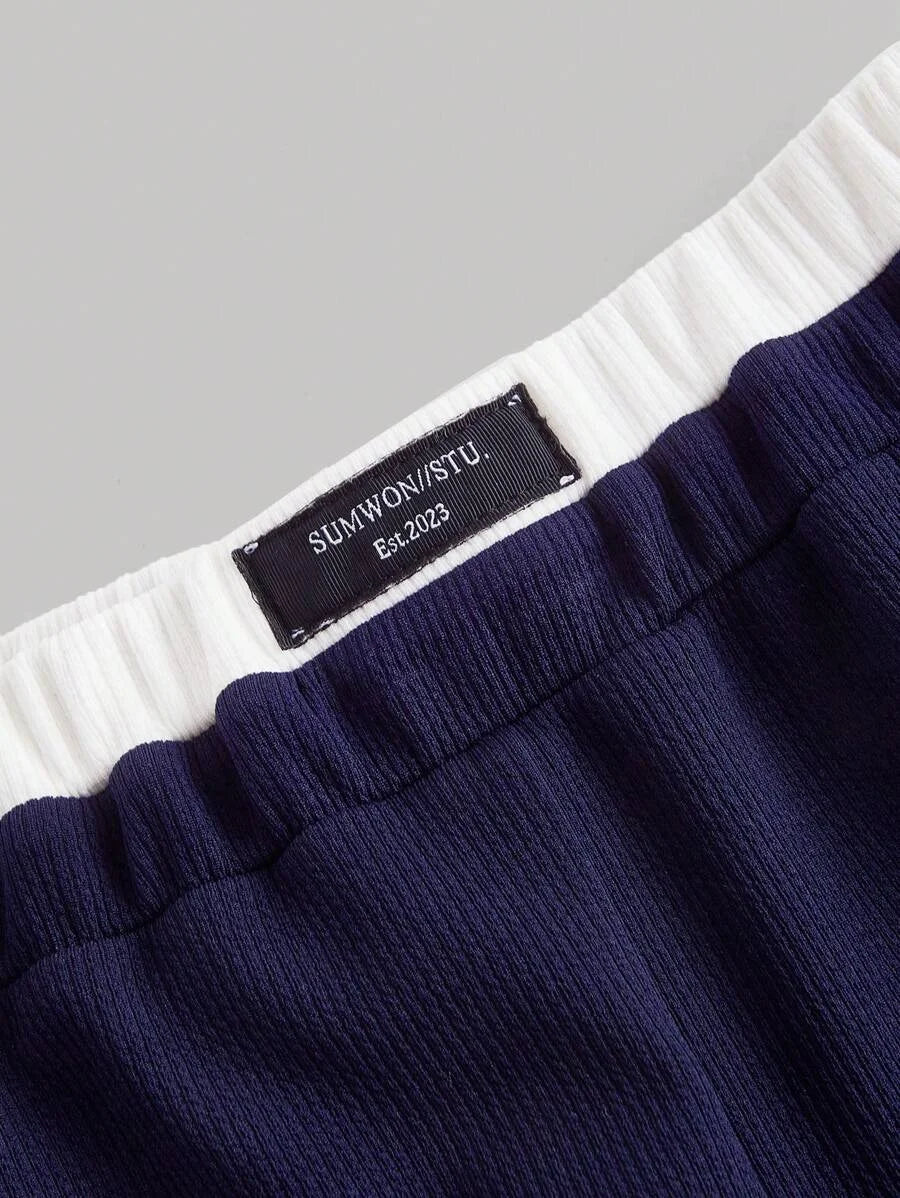 Navy Blue Casual Versatile Contrast Trim Wide Leg Sports Pants For Women
