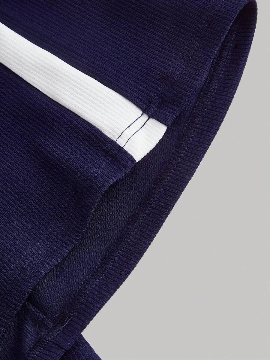 Navy Blue Casual Versatile Contrast Trim Wide Leg Sports Pants For Women