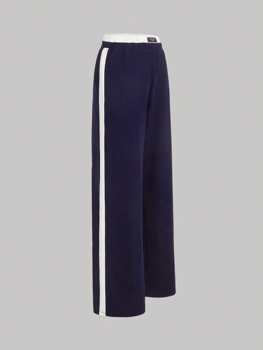 Navy Blue Casual Versatile Contrast Trim Wide Leg Sports Pants For Women