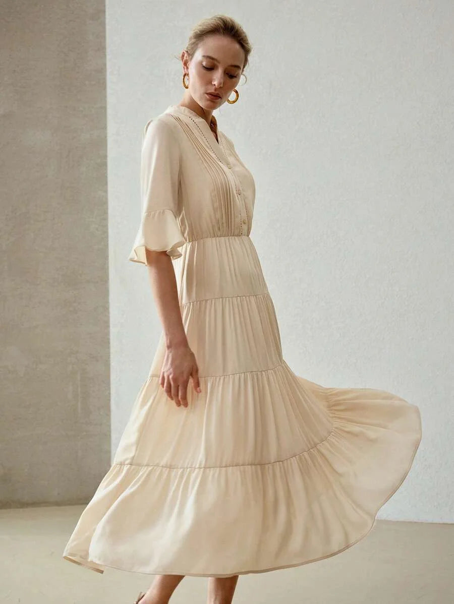NECK FLARE SLEEVE TIERED HEM DRESSSUMMER OUTFITS