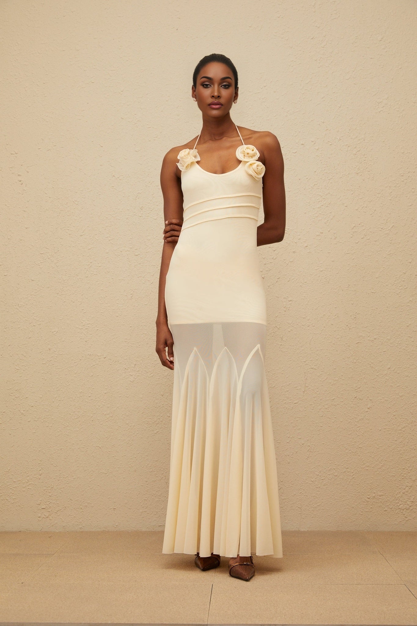 Neutral Halterneck Sleeveless Mesh Maxi Dress with 3D-petal Detailing in S