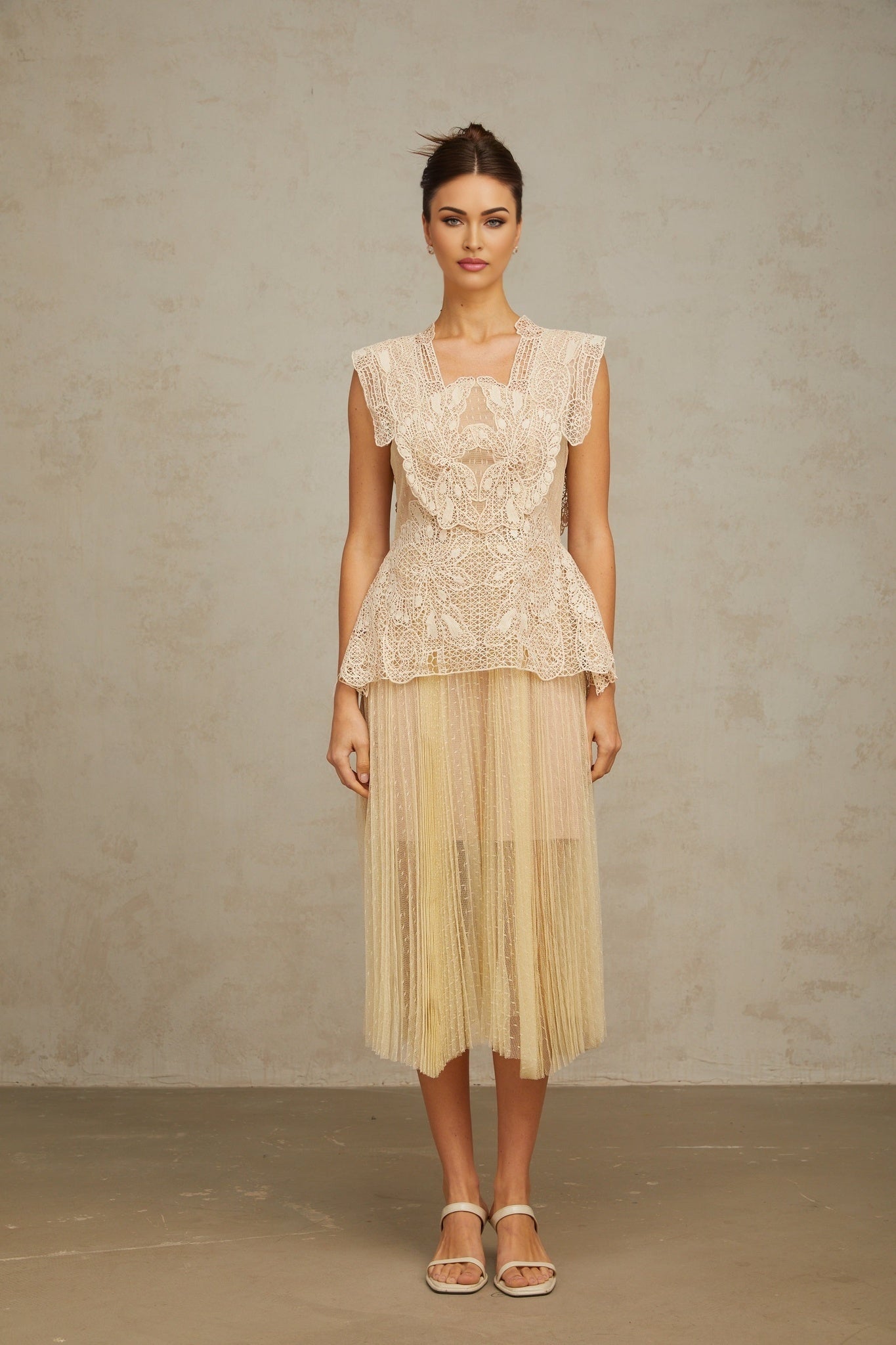 Neutral tone midi dress with floral lace panels and tulle overlay Celeste style