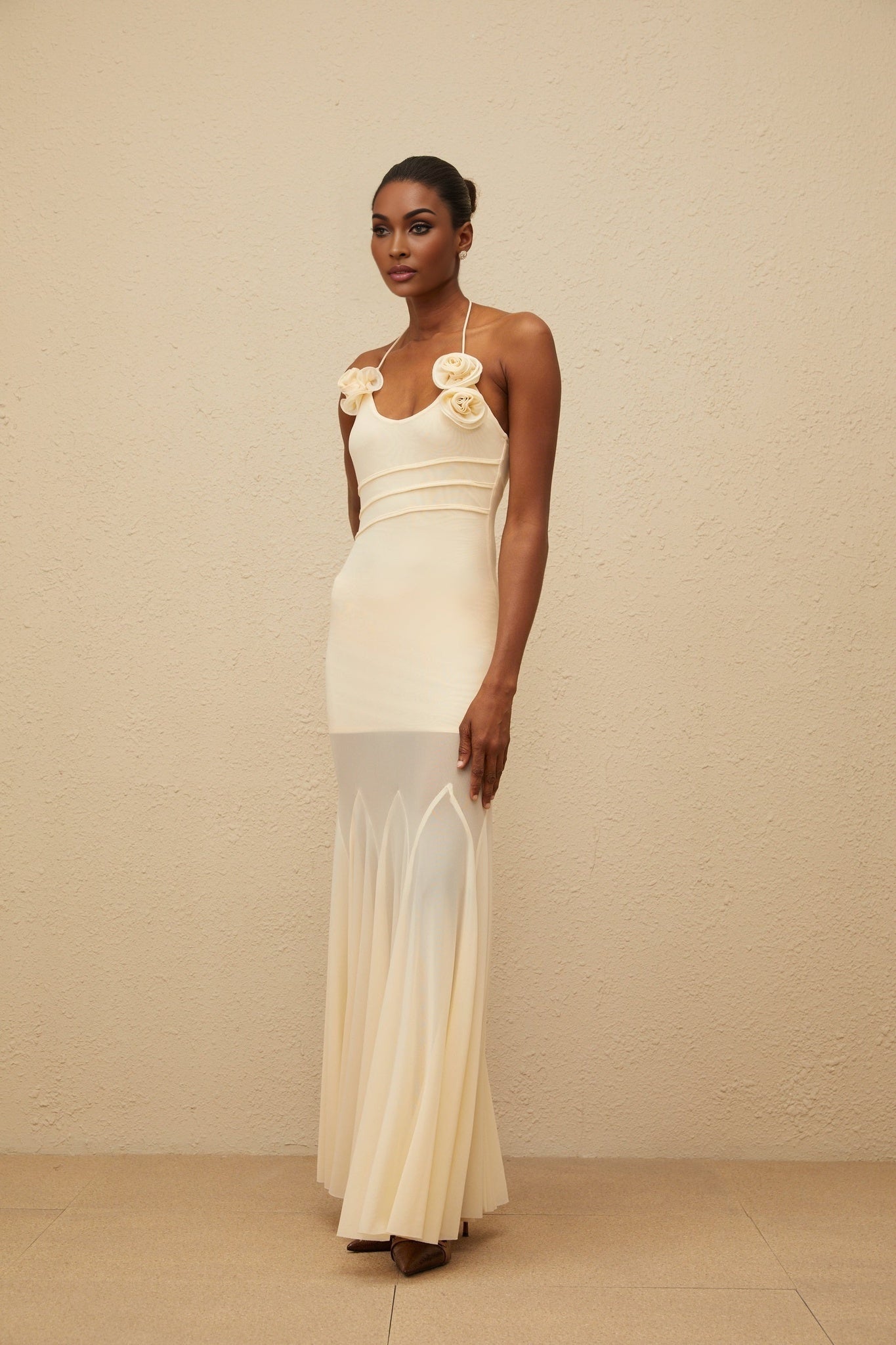 Neutrals Halterneck Sleeveless Mesh Fitted Waistline 3D-Petal Detailing Godet Design Rear Tie Fastening Maxi Length Dress in S