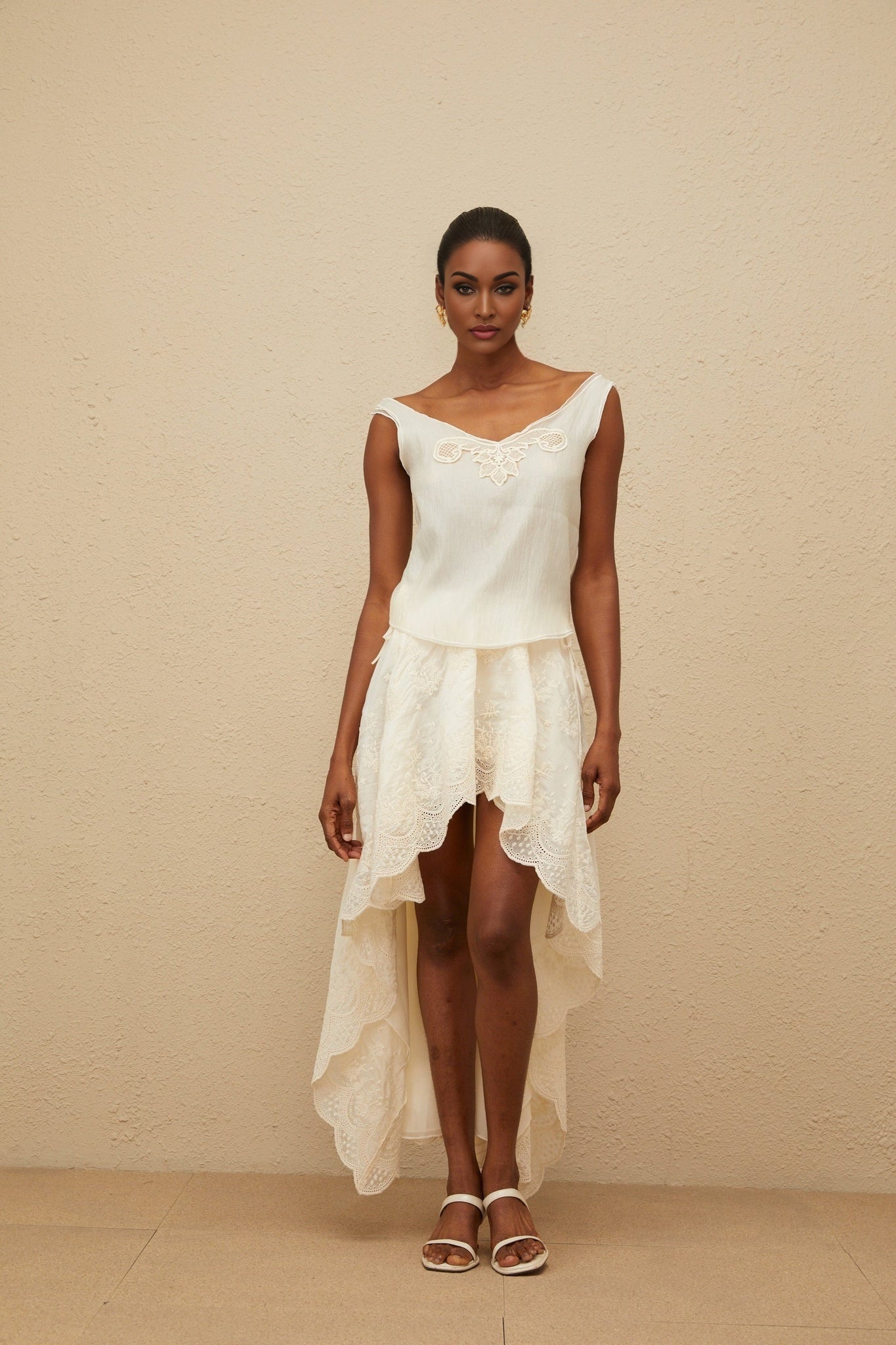 Neutrals Lace Trim Sleeveless Top and High Rise Asymmetrical Skirt Set in Tencel and Terylene