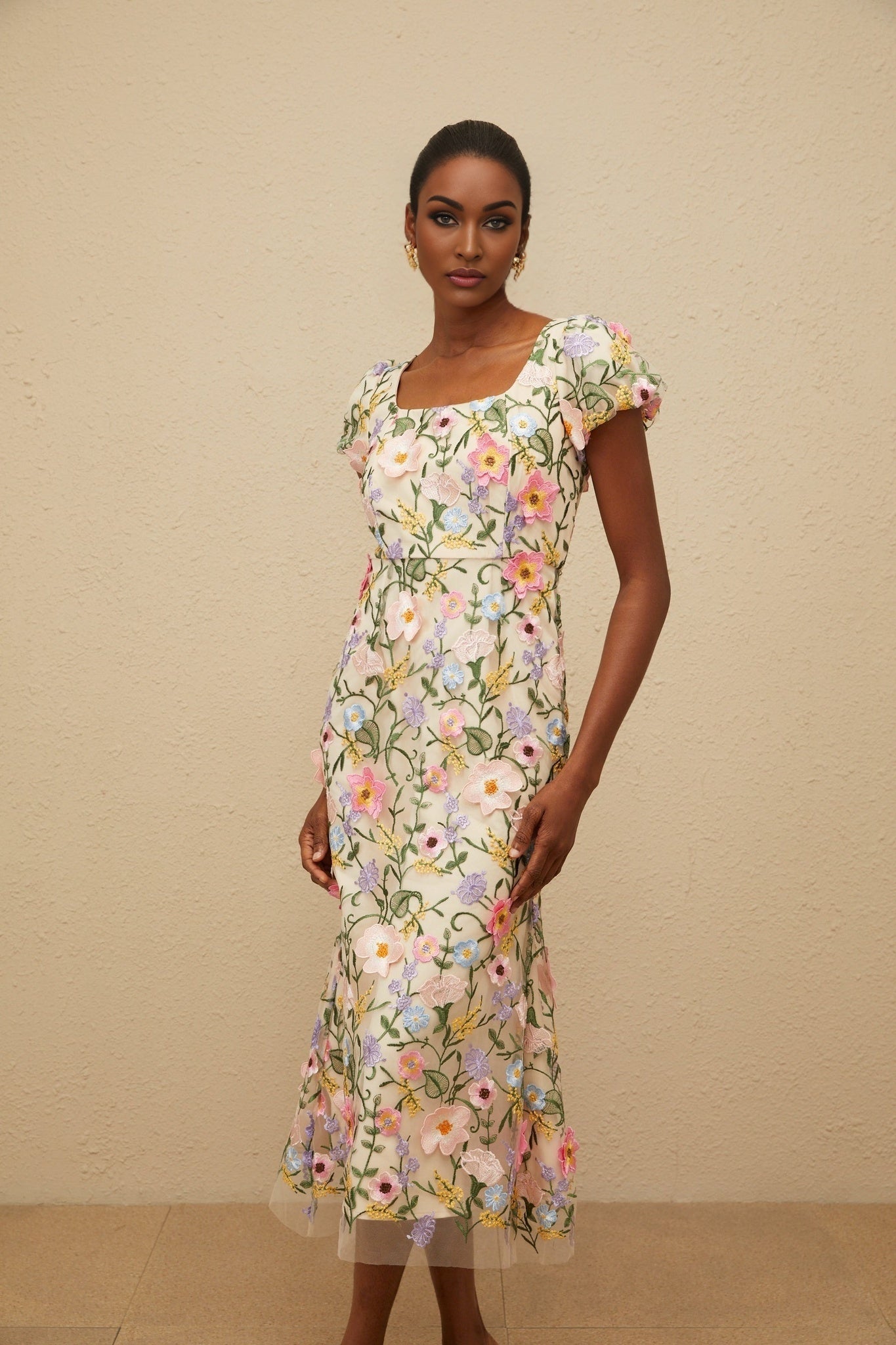 Neutrals Multicolor Cap Sleeve Square Neck Floral Embroidered Midi Dress