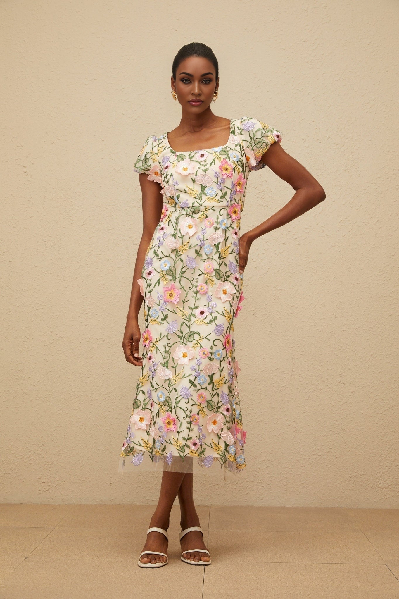 Neutrals/Multicolor Cap Sleeve Floral Embroidered Midi Dress 100% Terylene Fiber