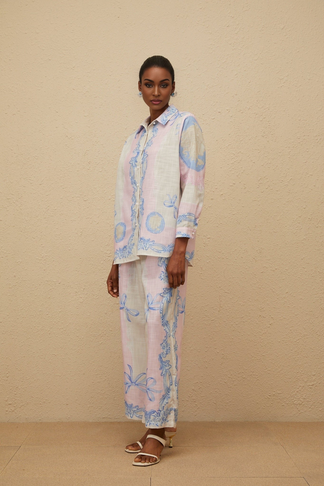 Neutrals Multicolor Hemp Shirt and Trousers Set with Graphic Print