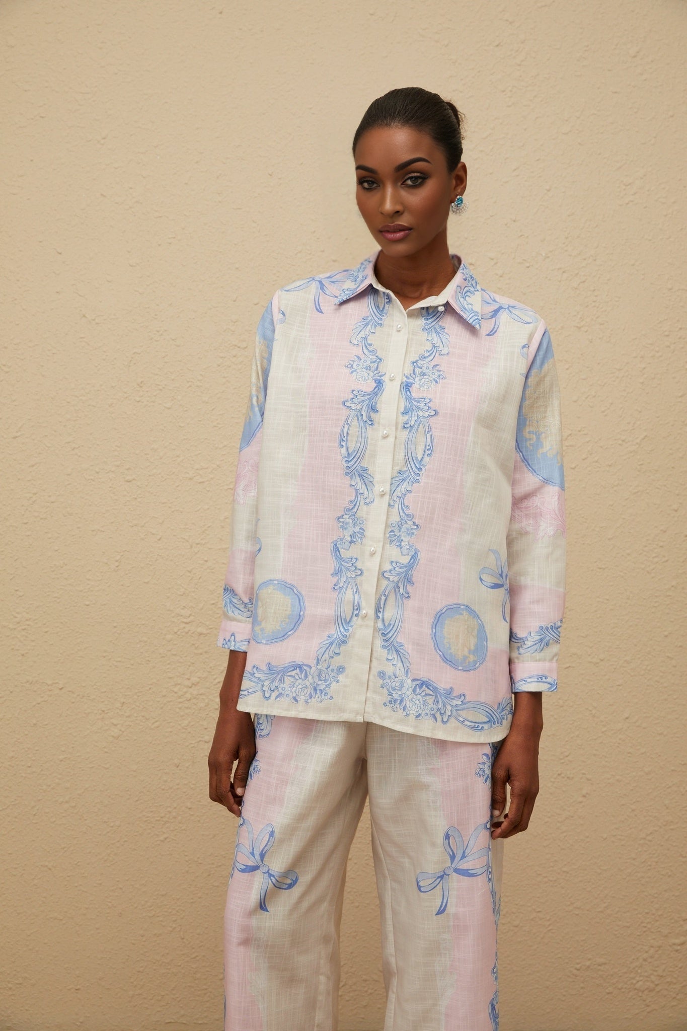 Neutrals Multicolor Hemp Shirt and Trousers Set with Graphic Print