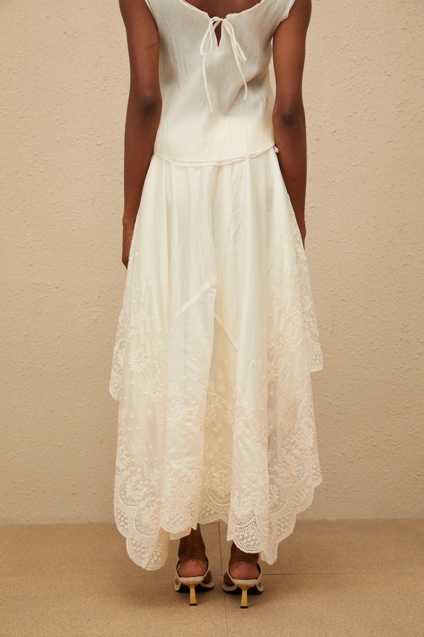 Neutrals Sleeveless Lace Trim Top and High Rise Asymmetrical Skirt Set in Tencel and Terylene
