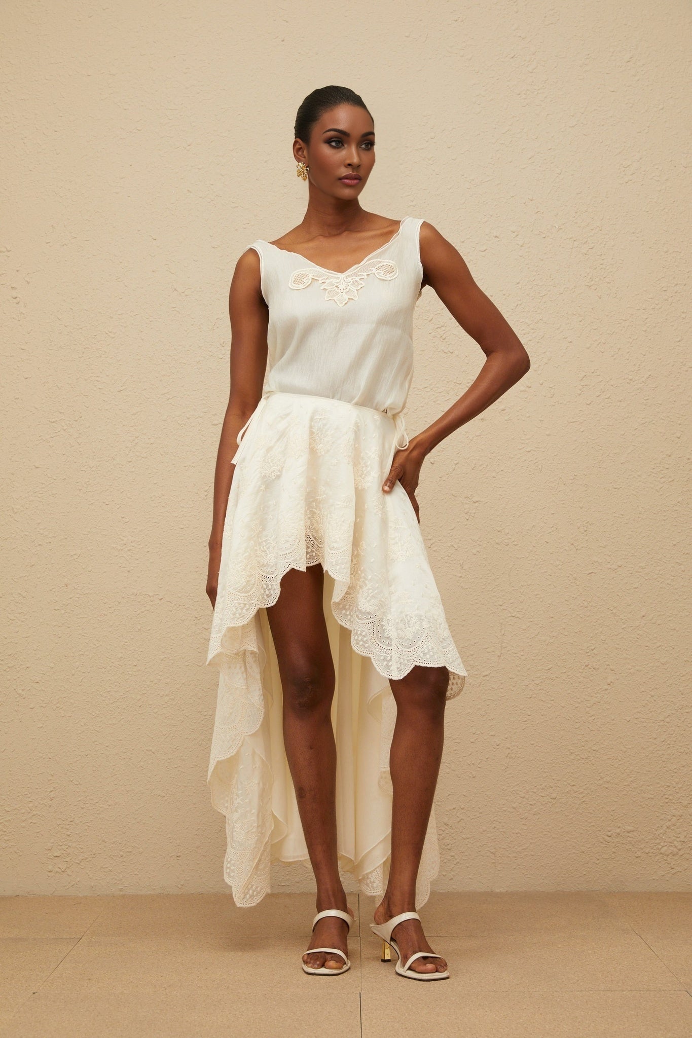Neutrals Sleeveless Lace Trim Top and High Rise Asymmetrical Skirt Set in Tencel and Terylene