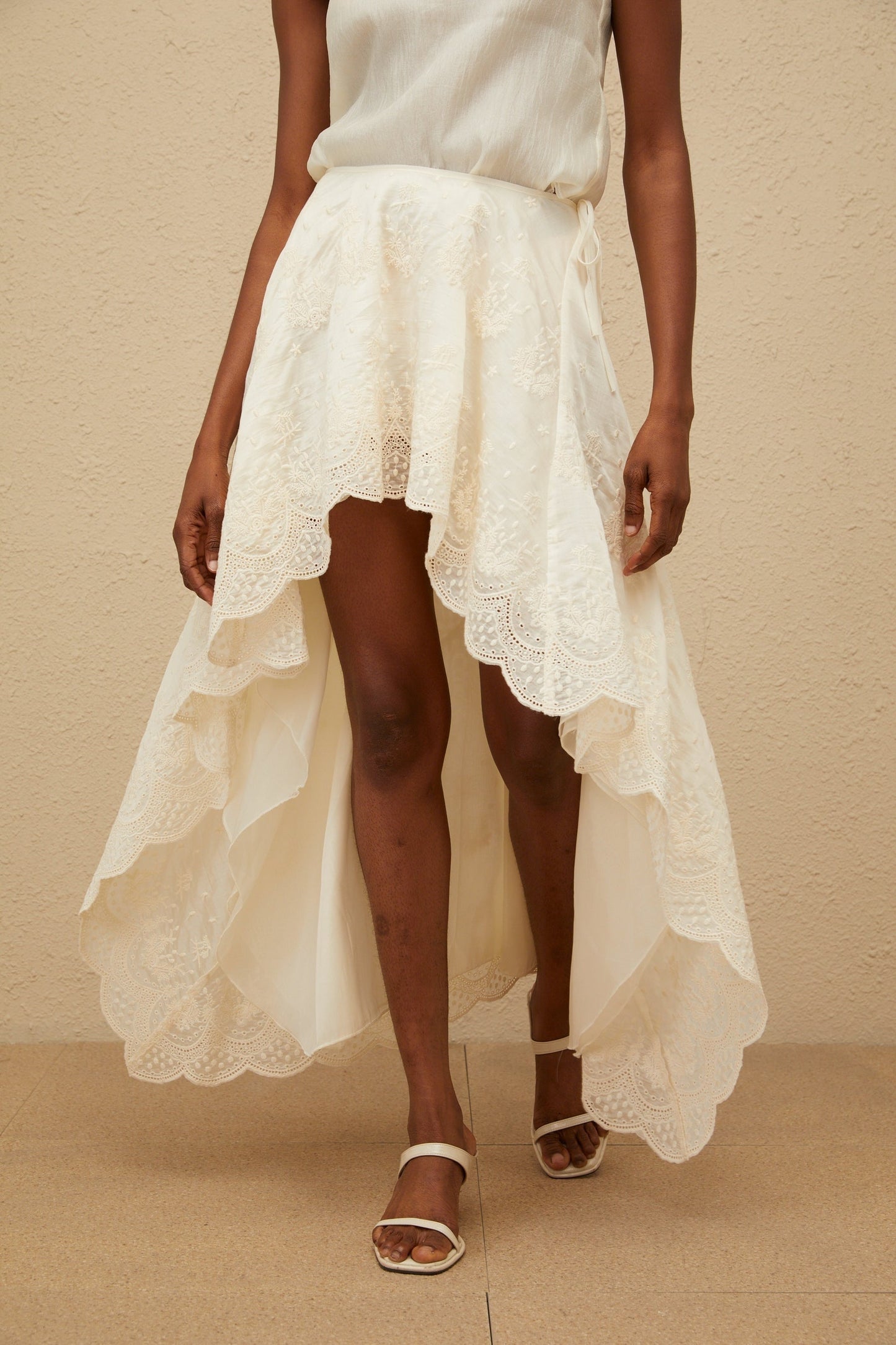 Neutrals Sleeveless Lace Trim Top and High Rise Lace Trim Skirt in Tencel and Terylene