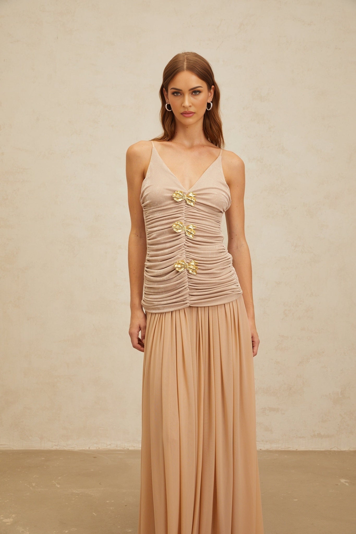 Neutrals V-neck Sleeveless Top with Brooch and Ruched Detailing and Pleated Maxi Skirt Set