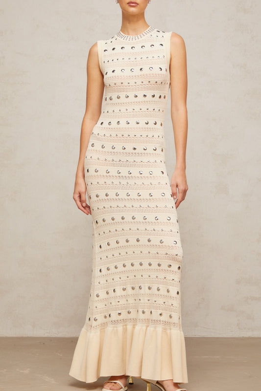 Neutraltoned long crochet maxi dress with studded details by Chloé