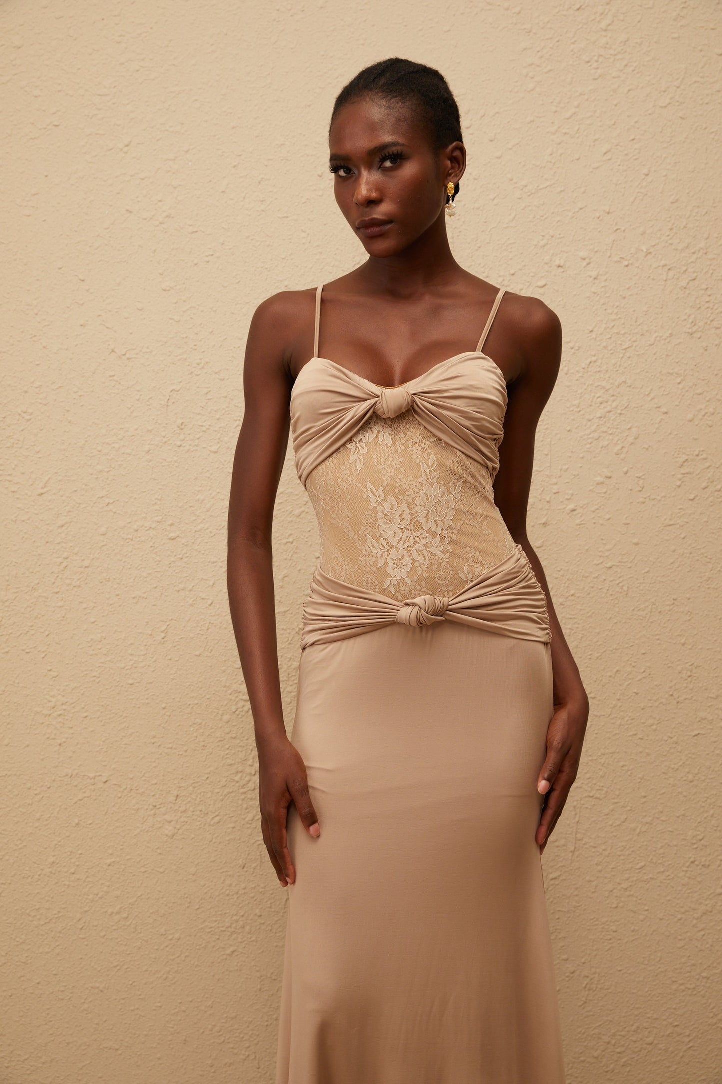 Nevaeh Khaki Twisted Lace Panel Maxi Dress