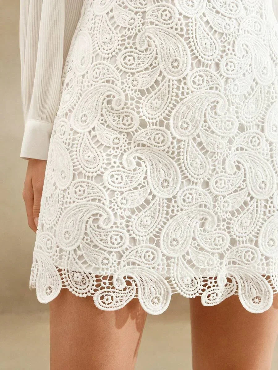 New Elegant White Lace Patchwork Chiffon Mini Dress Work Commute Festival Outfits