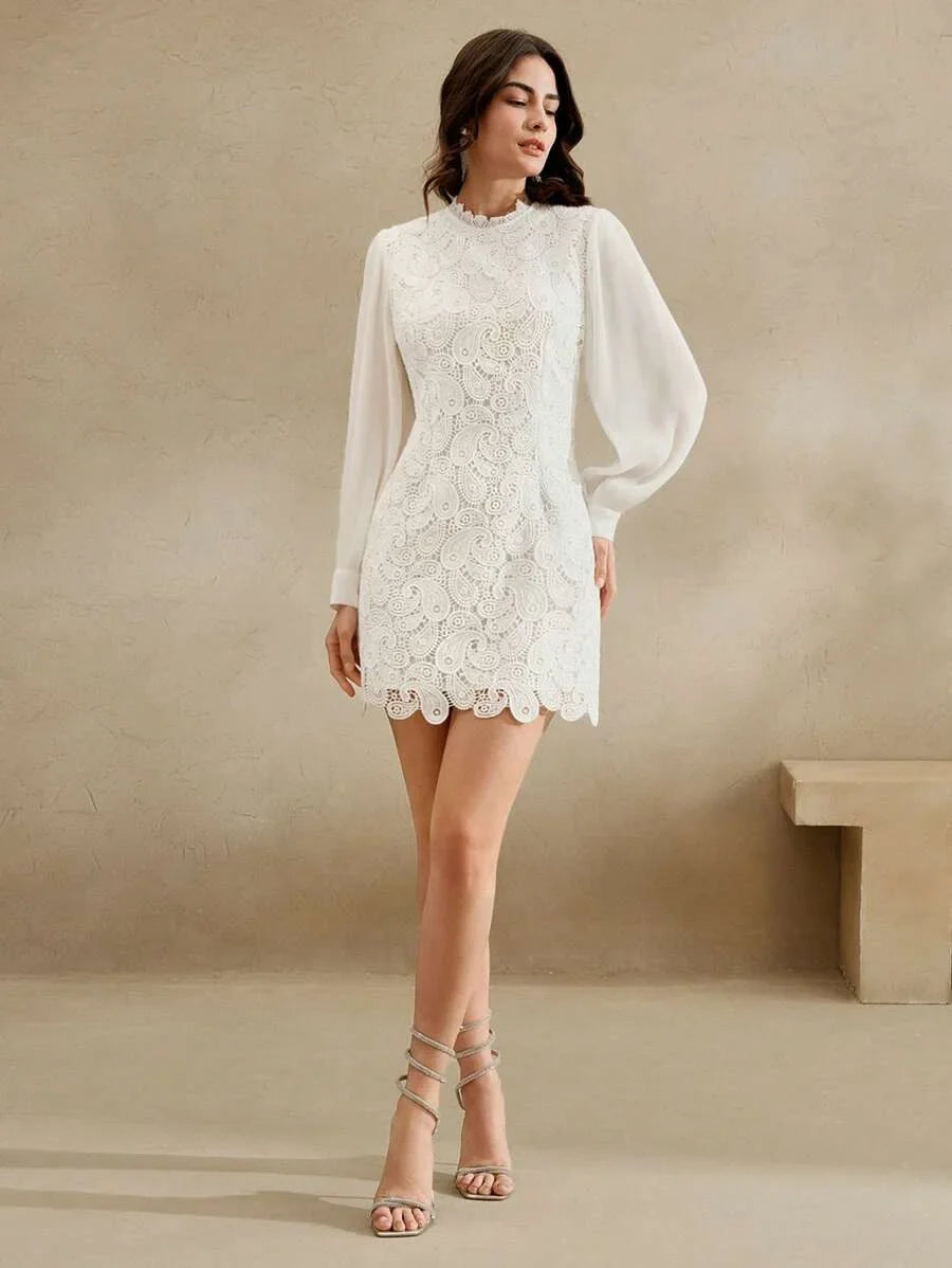 New Elegant White Lace Patchwork Chiffon Mini Dress Work Commute Festival Outfits