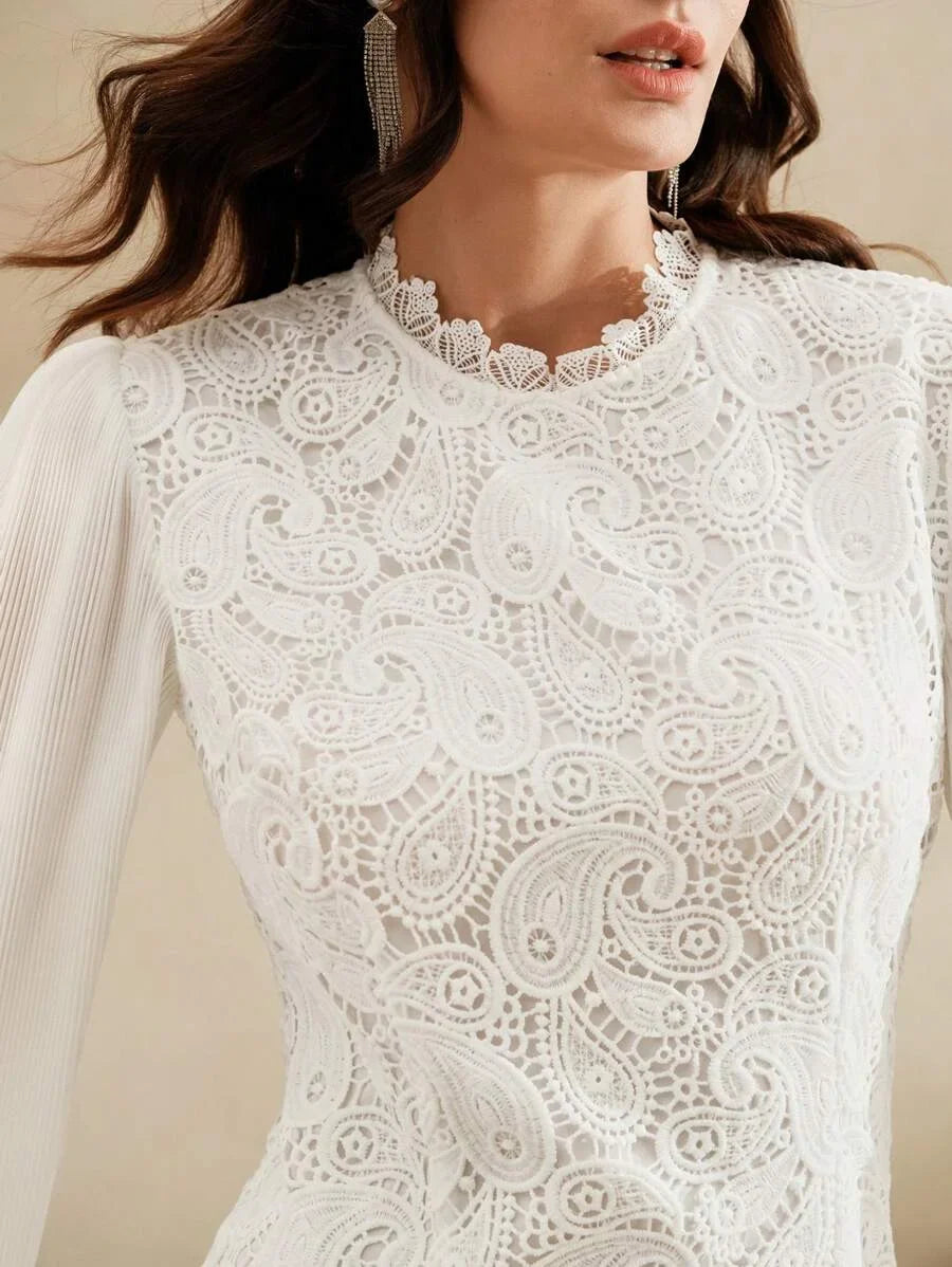 New Elegant White Lace Patchwork Chiffon Mini Dress Work Commute Festival Outfits