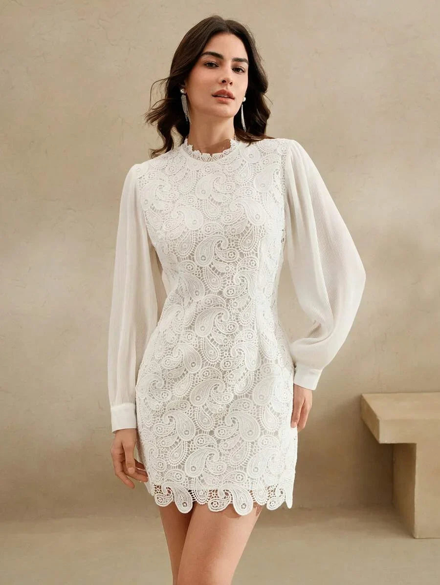 New Elegant White Lace Patchwork Chiffon Mini Dress Work Commute Festival Outfits