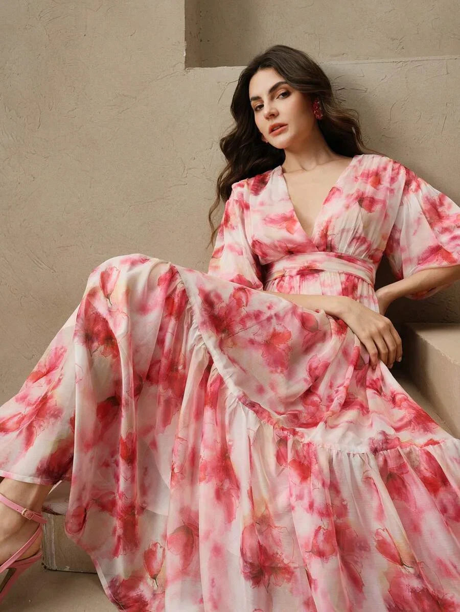 New European And American Design Floral Print Loose Fit Slimming Long Dress Suitable For
