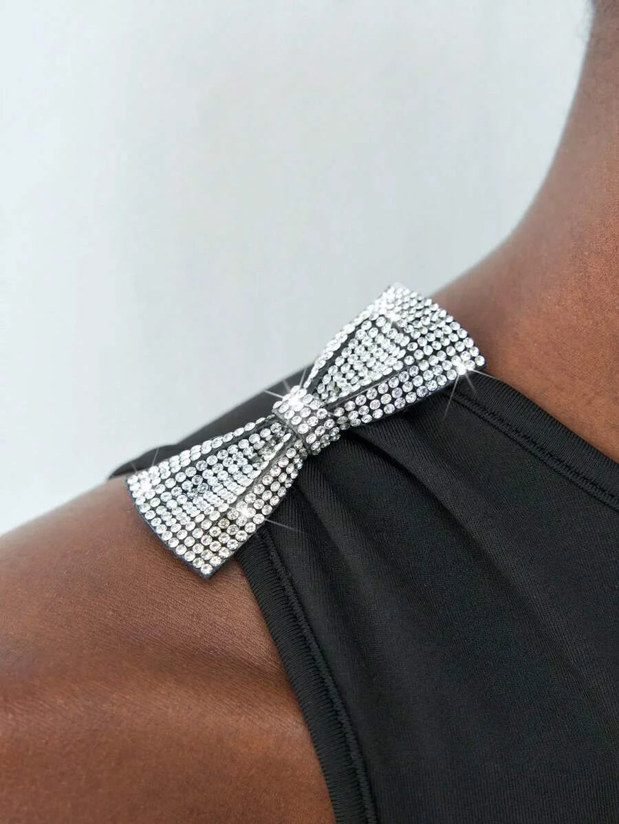 New Spring Black Urban Modern Diamond Bow Decoration Womens MidLength Dress Suitable For Going Out