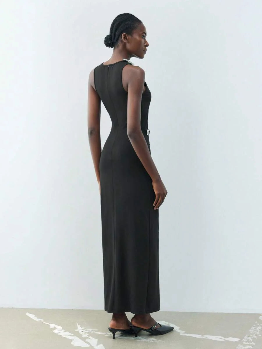 New Spring Black Urban Modern Diamond Bow Decoration Womens MidLength Dress Suitable For Going Out