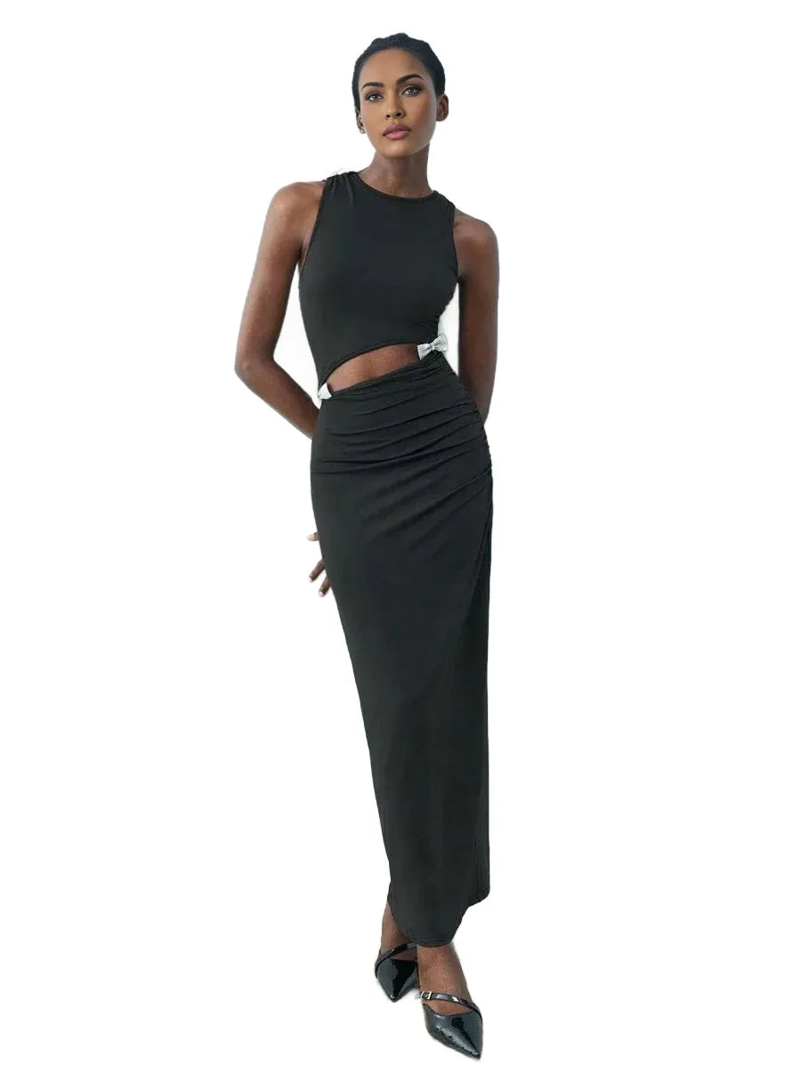 New Spring Black Urban Modern Diamond Bow Decoration Womens MidLength Dress Suitable For Going Out