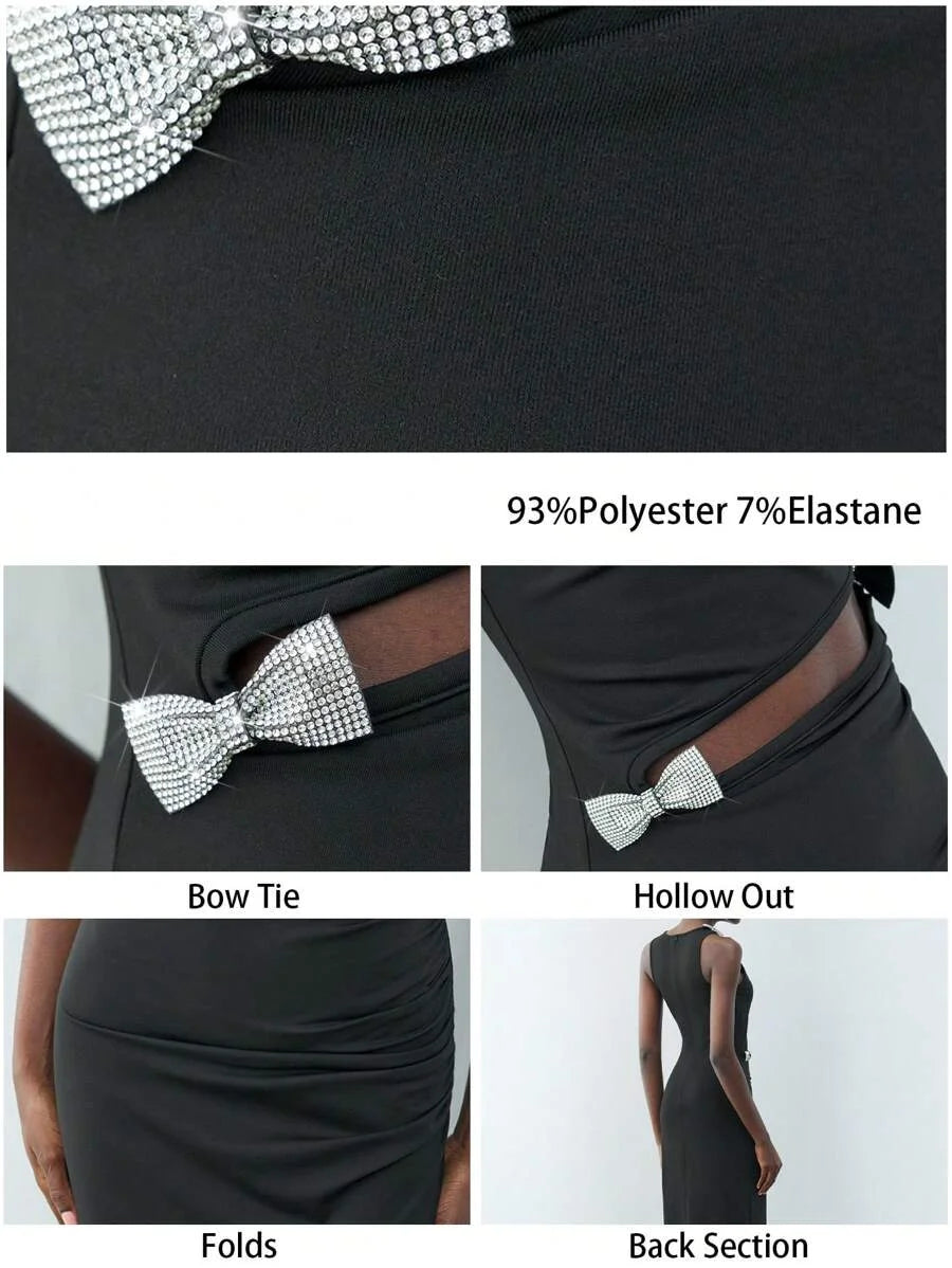 New Spring Black Urban Modern Diamond Bow Decoration Womens MidLength Dress Suitable For Going Out
