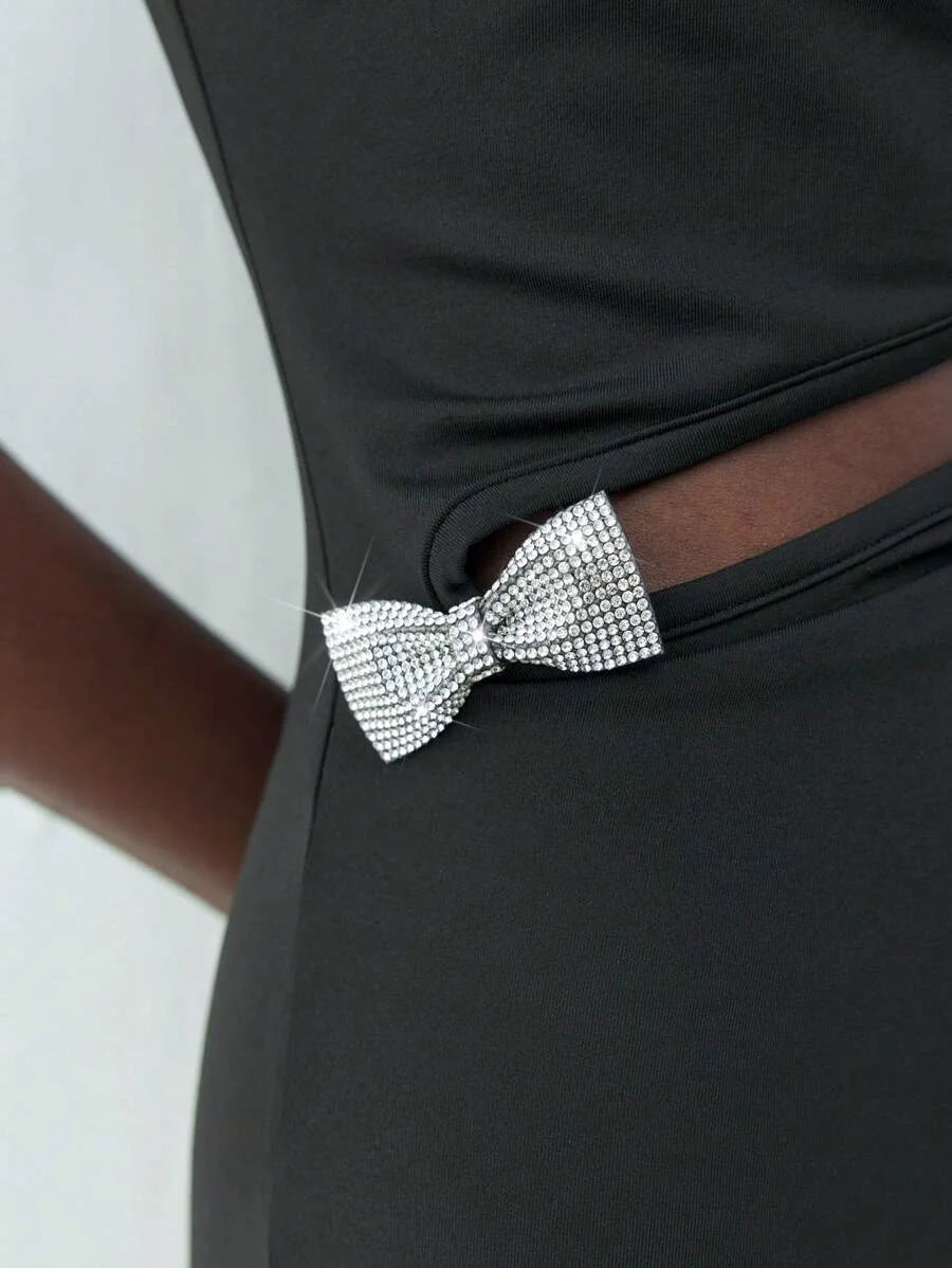 New Spring Black Urban Modern Diamond Bow Decoration Womens MidLength Dress Suitable For Going Out