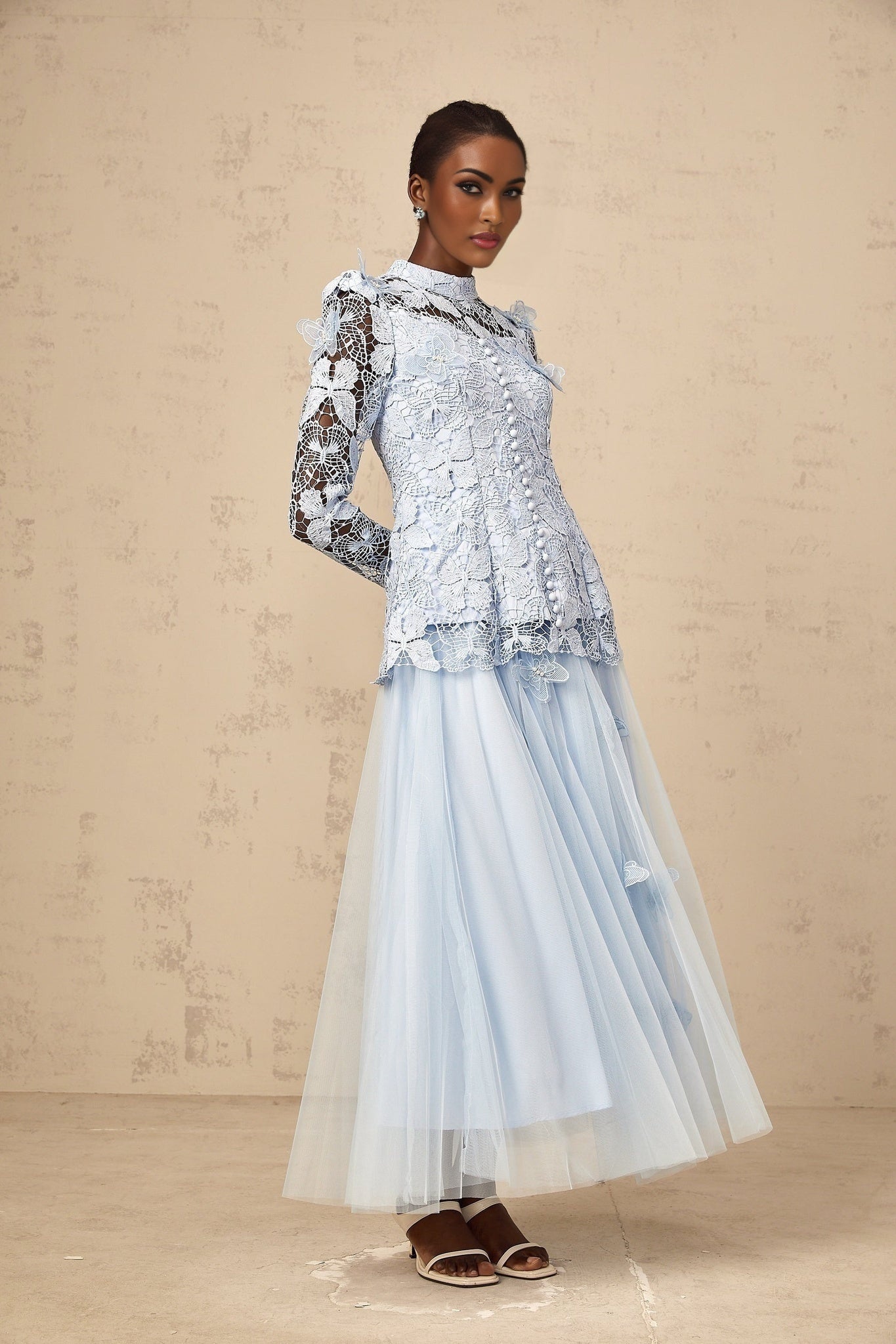 Nicolette blue matching set with sequined lace top and skirt