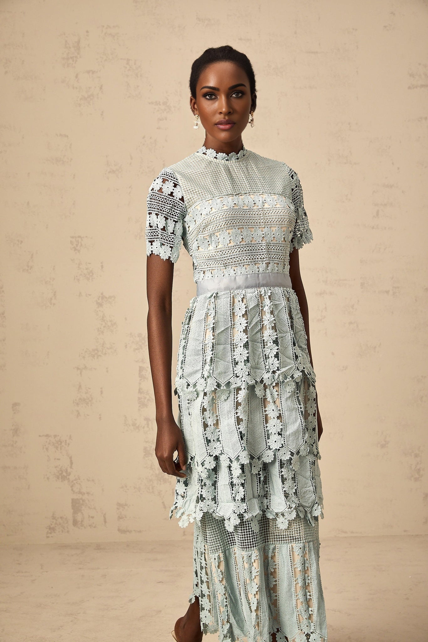 Océane green floral embroidered midi dress