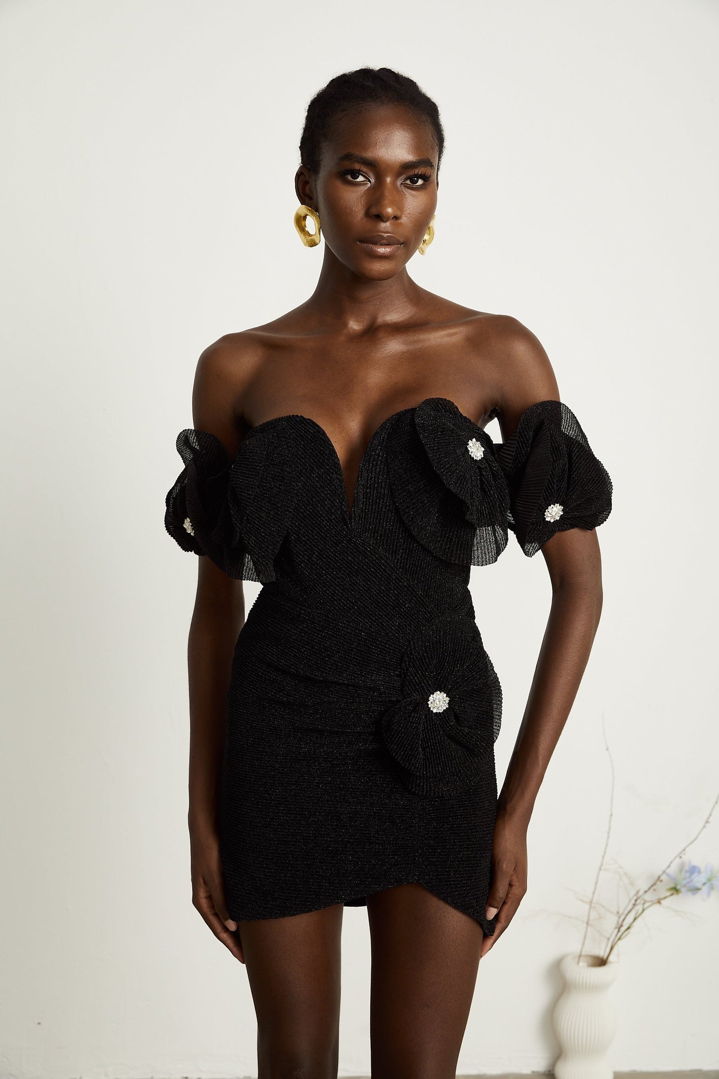 Odette black floralappliqué mini dress