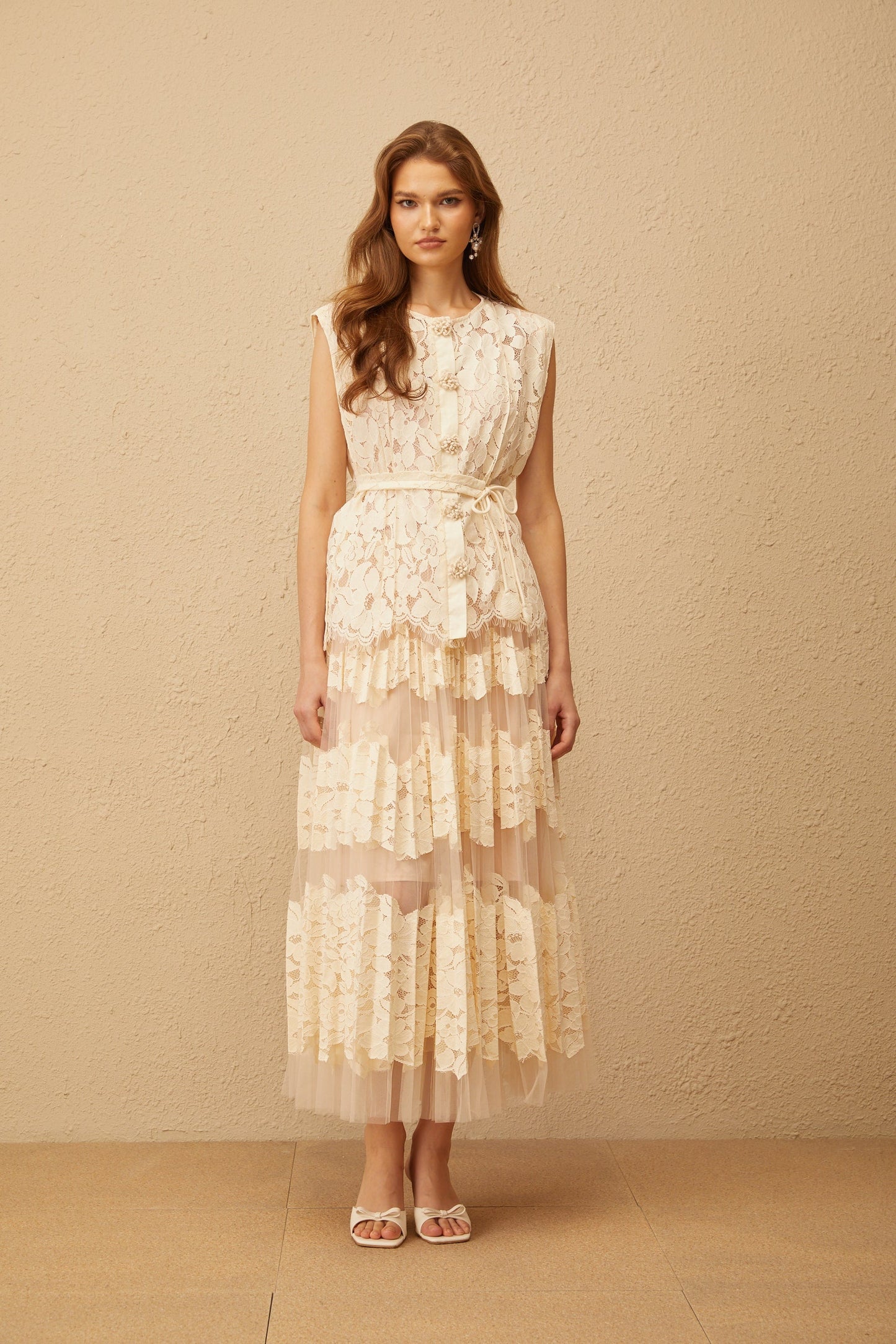 Odette Neutral Floral Lace Top Skirt Set