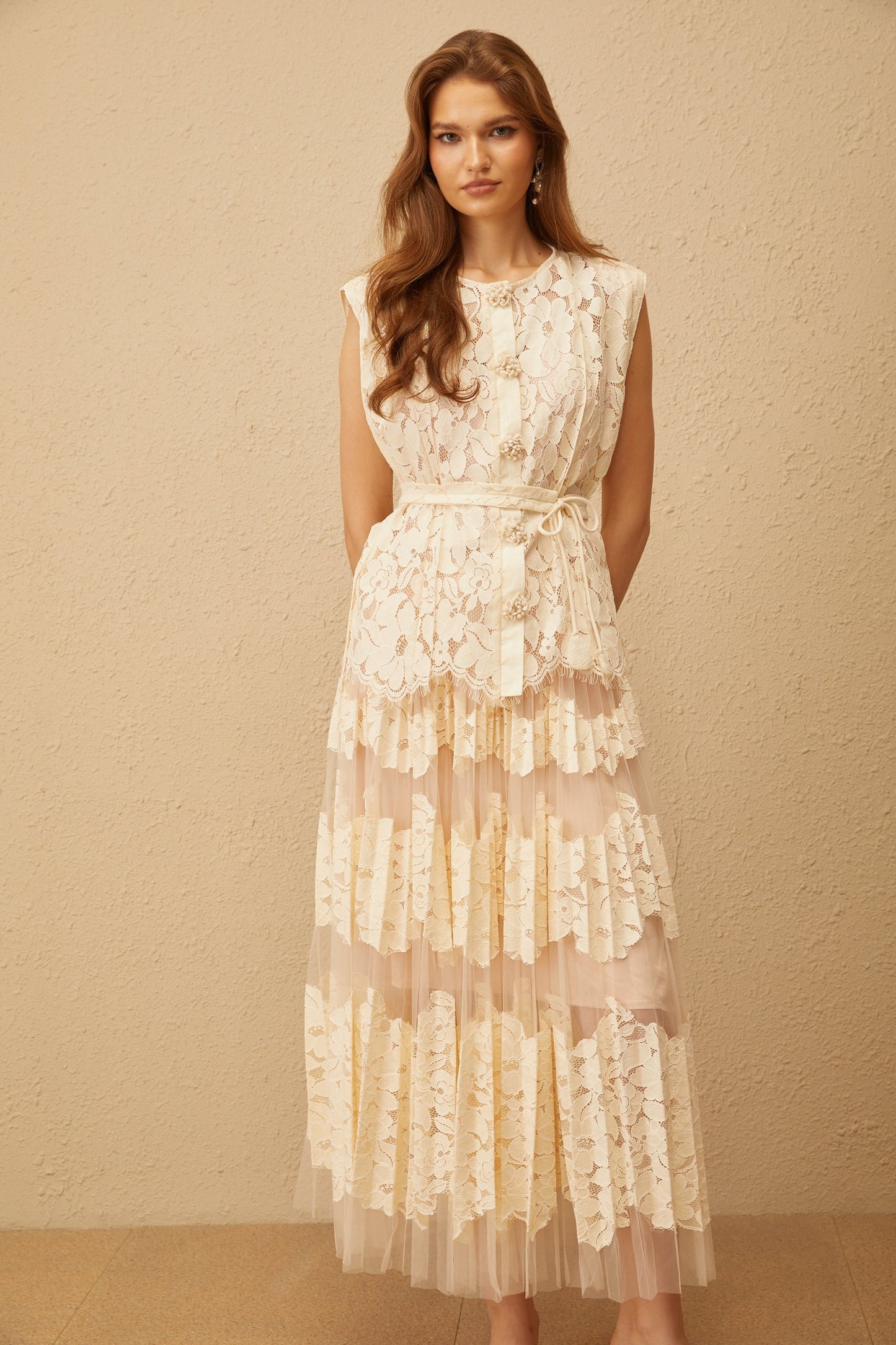 Odette Neutral Floral Lace Top Skirt Set