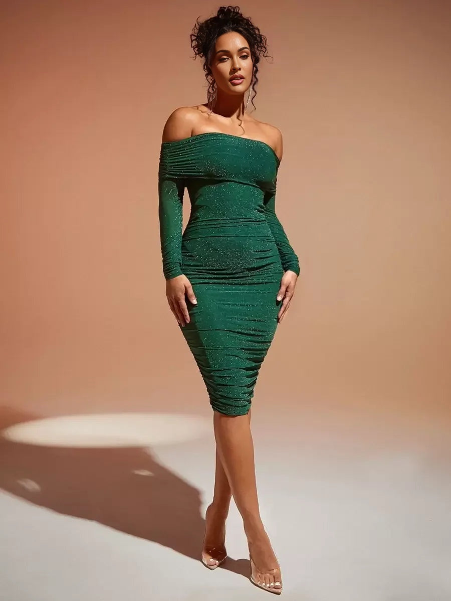 Off Shoulder Ruched Glitter Bodycon Dress