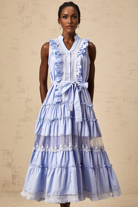 Olena blue midi dress with tiered skirt ruffled details and floral lace trim