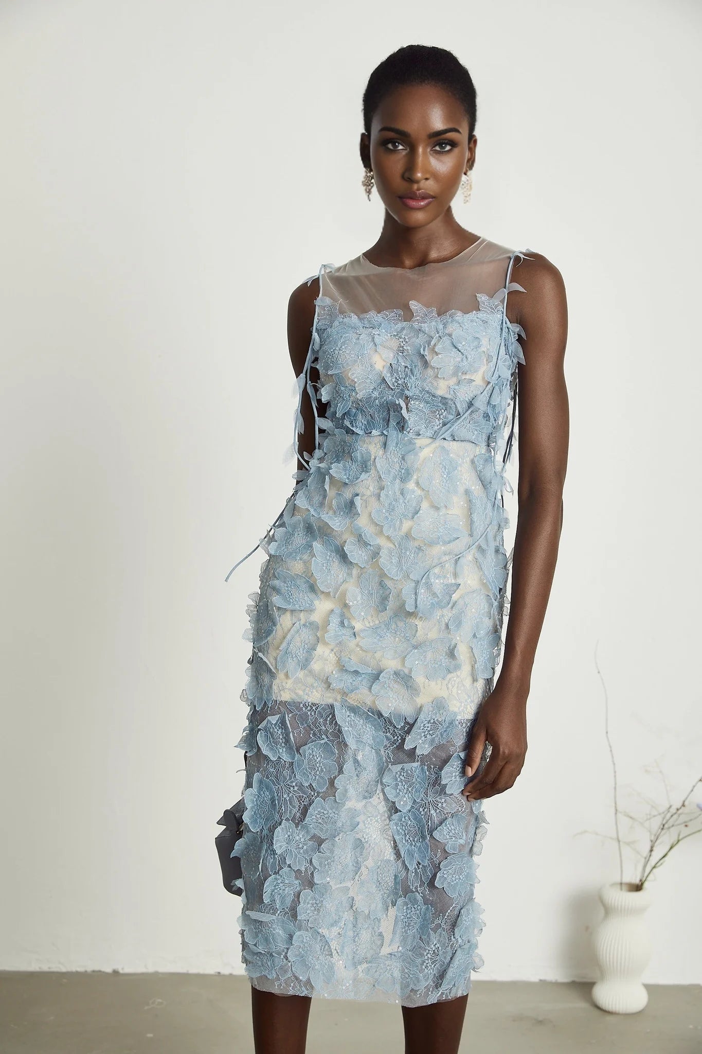 Olessia fauxflower lace midi dress