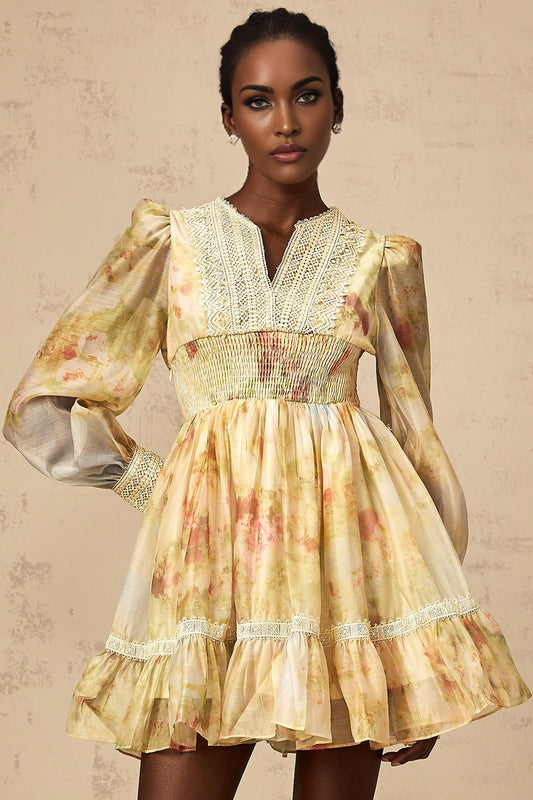 Olivia mini dress with yellow lace panels and floral print pattern