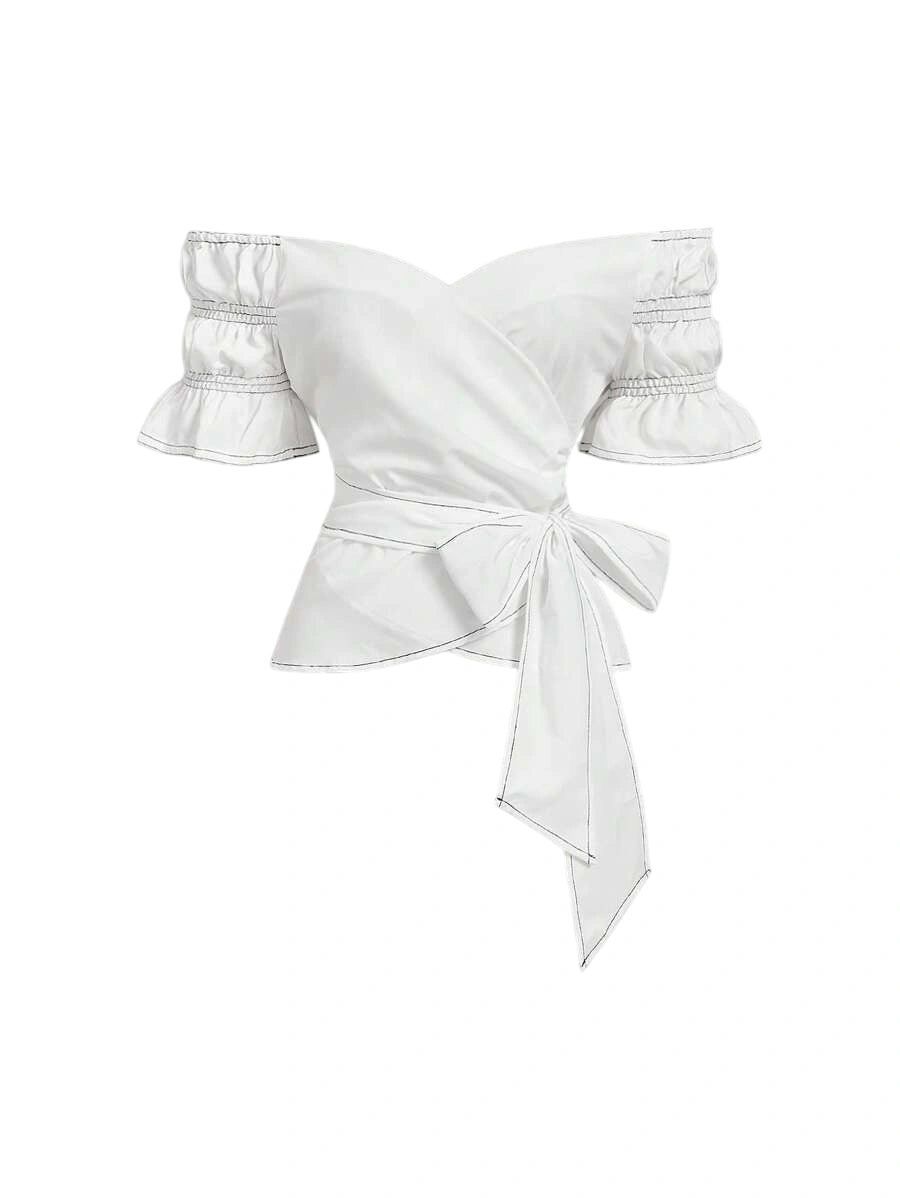 One Shoulder Crop Top White Shirt With Bow Tie In Front Sexy Shirt Vacation Wear Summer Shirt Valentines Day