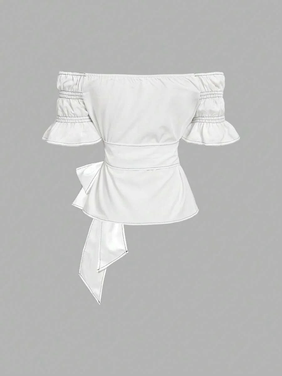 One Shoulder Crop Top White Shirt With Bow Tie In Front Sexy Shirt Vacation Wear Summer Shirt Valentines Day