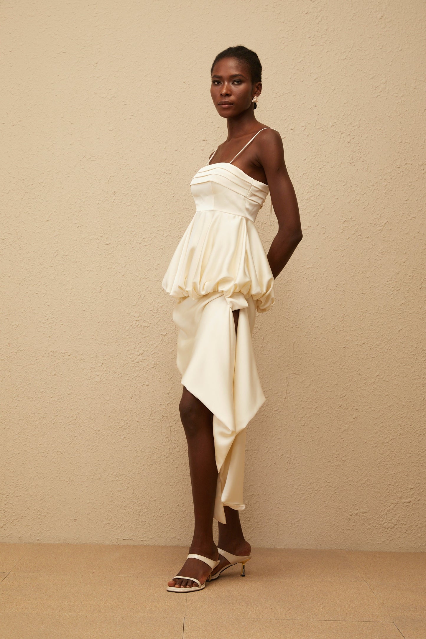 Opale Neutral Asymmetrical Satin Mini Dress