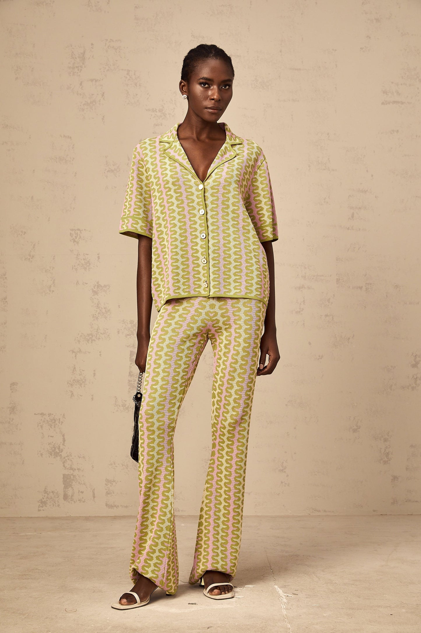 Ophélie green colorblock knitted shirt trousers matching set