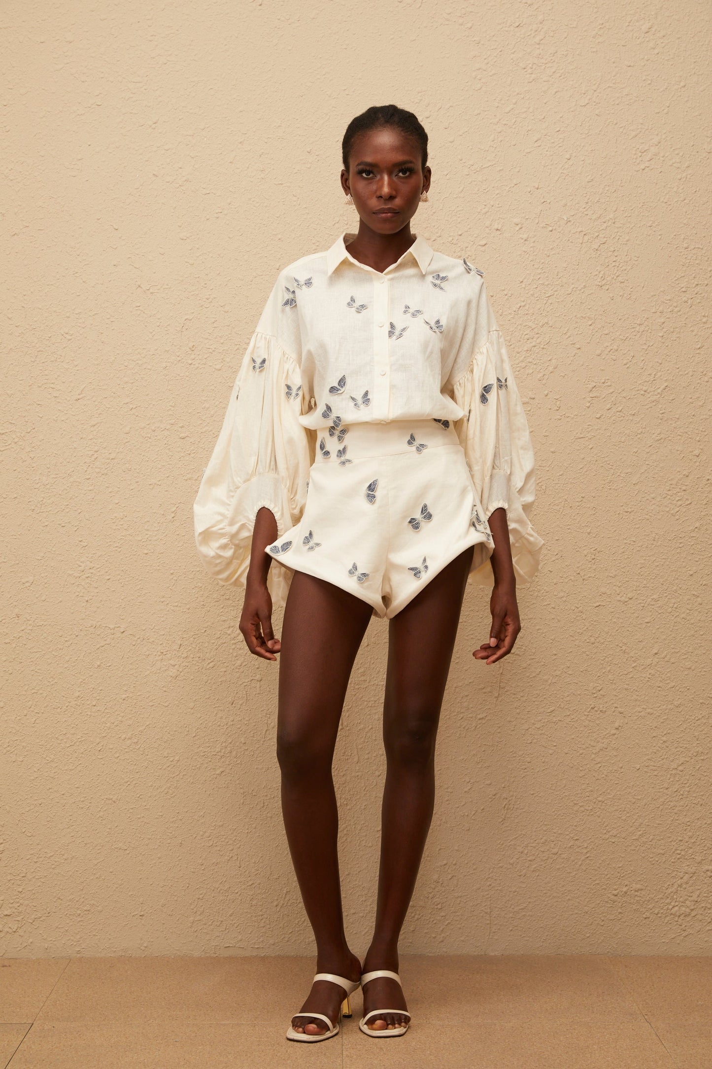 Ophélie White Butterfly Embroidered Shirt Shorts Set