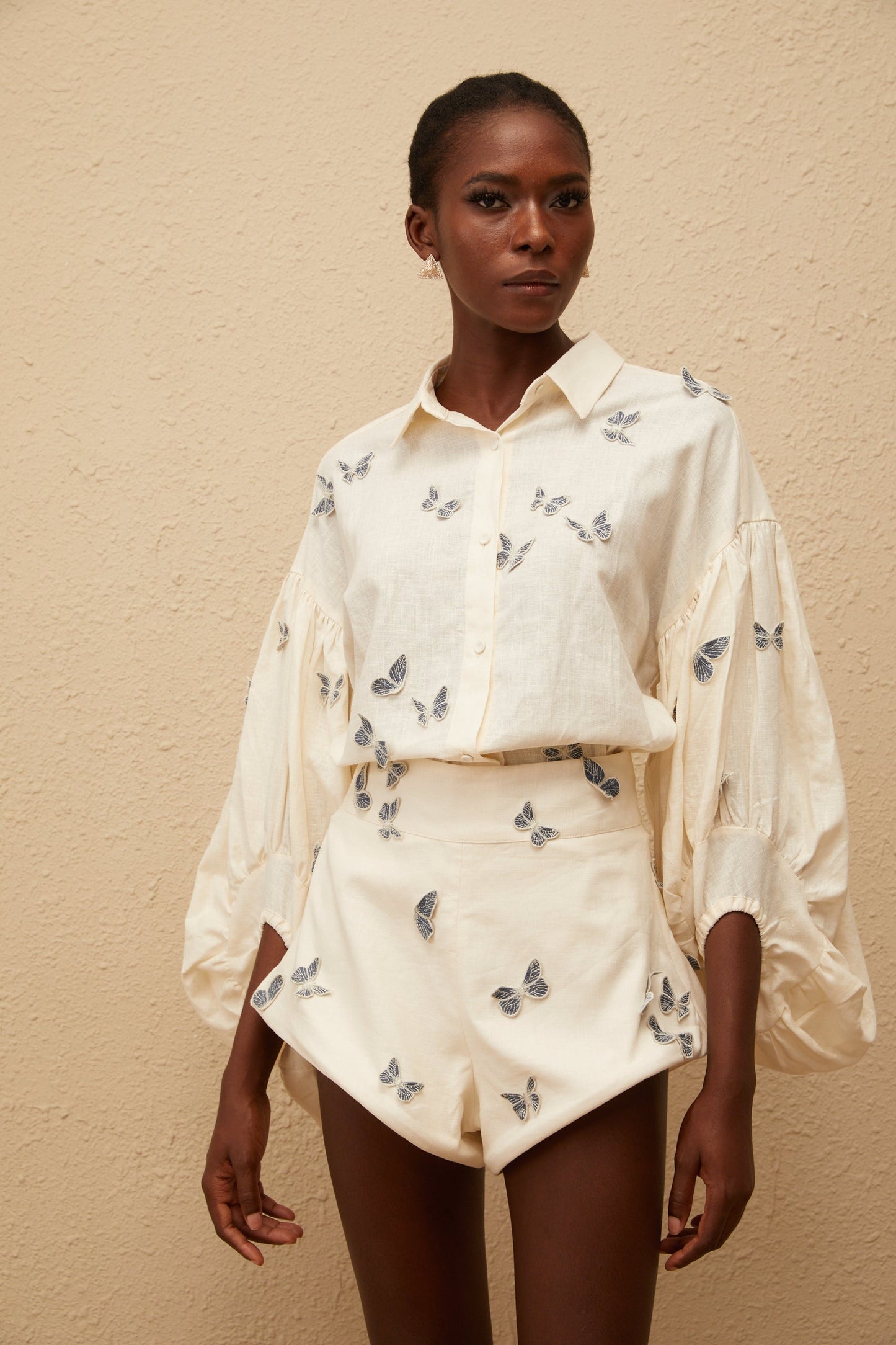 Ophélie White Butterfly Embroidered Shirt Shorts Set
