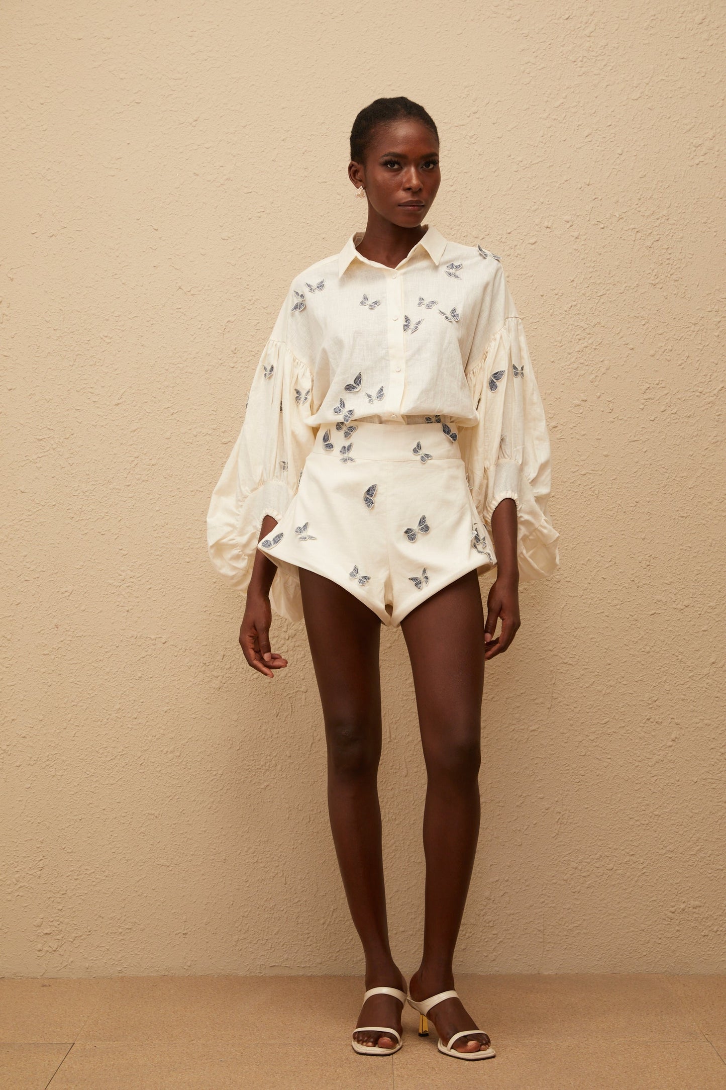 Ophélie White Butterfly Embroidered Shirt Shorts Set