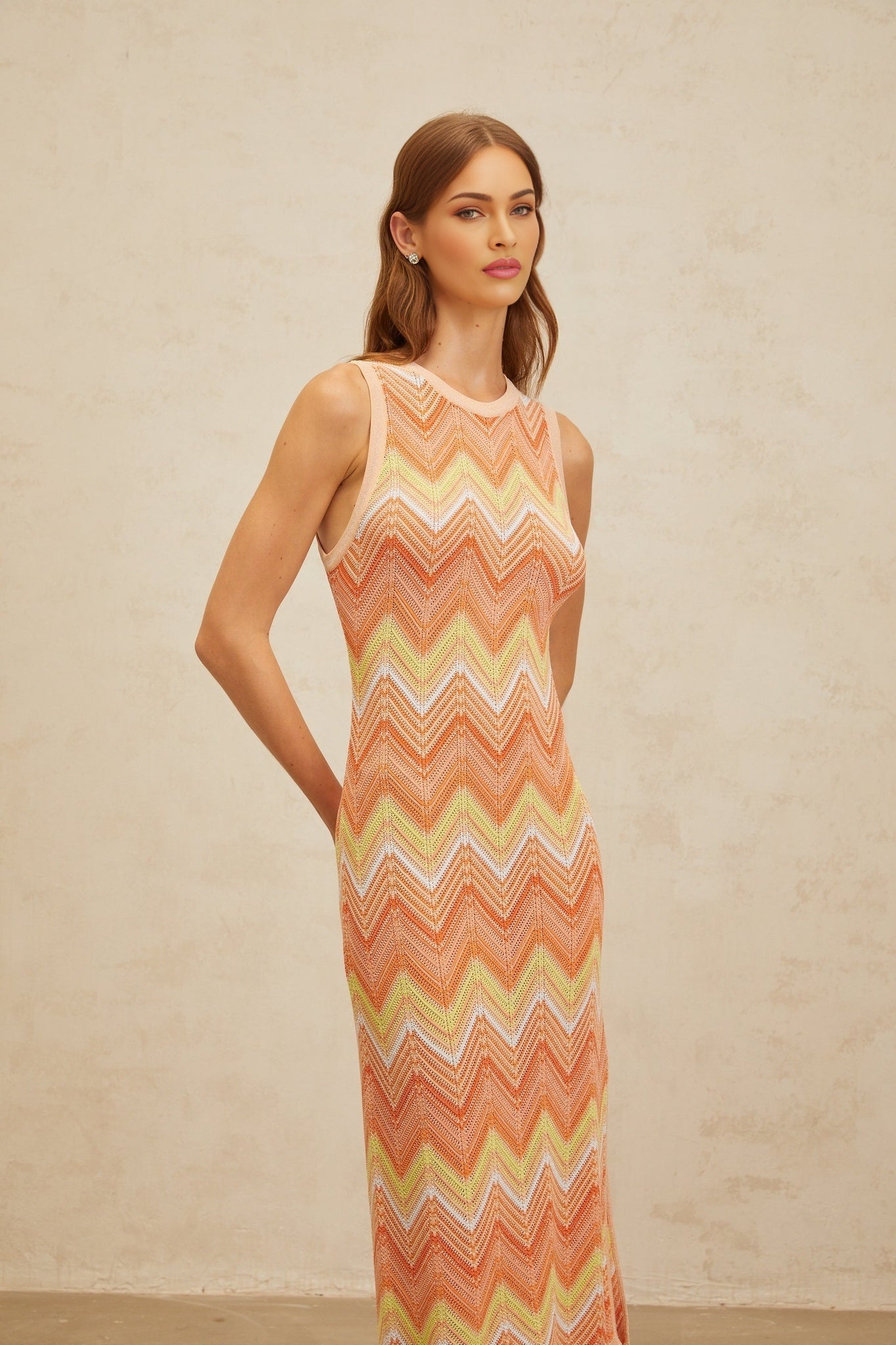 Orange Chevron Knit Sleeveless Midi Dress