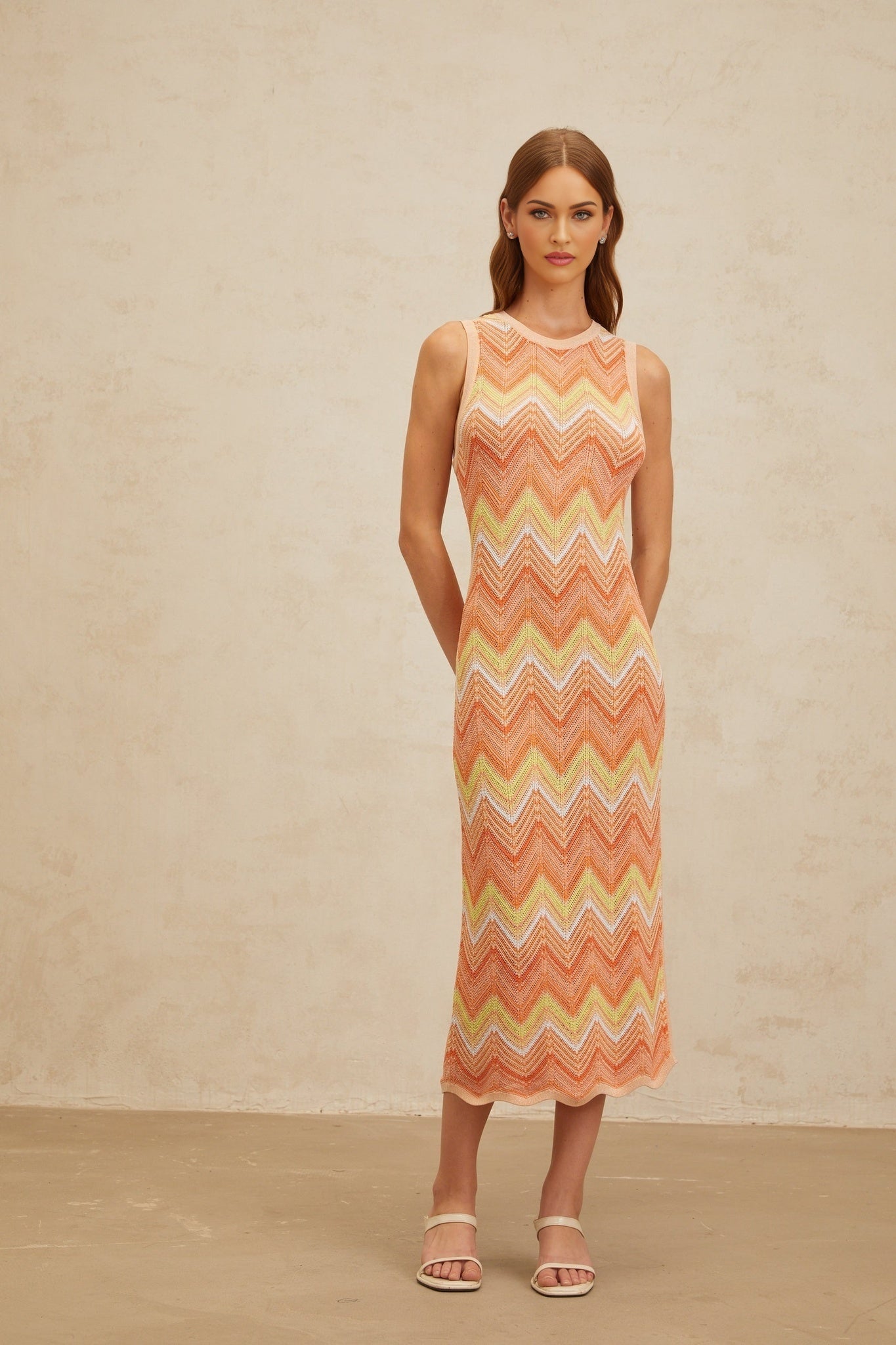 Orange Chevron Knit Sleeveless Midi Dress
