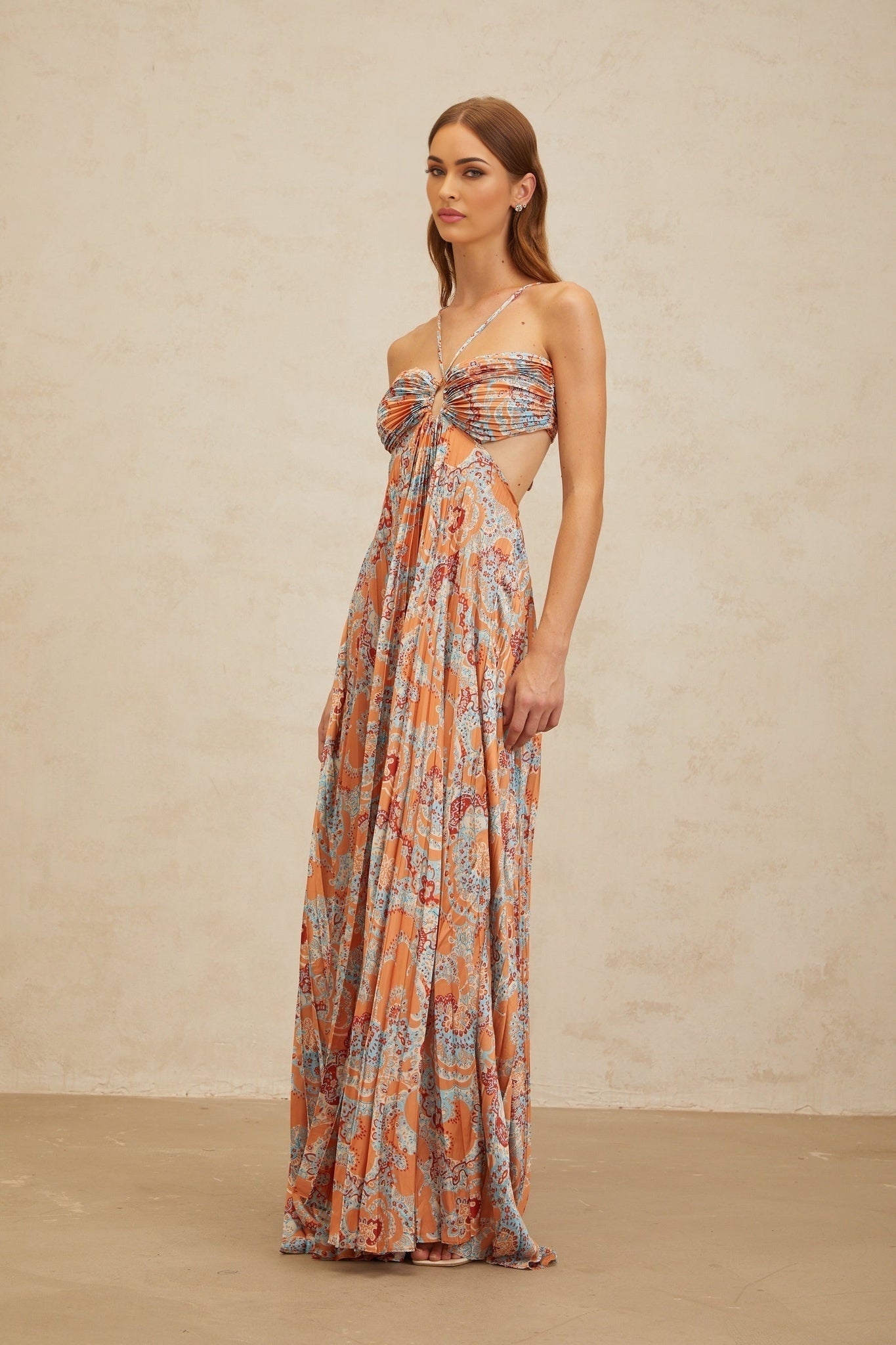 Orange Floral Print Halterneck Maxi Dress with Cut-out Design